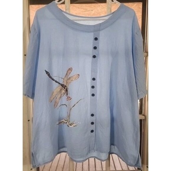 Women's Short Sleeve, Flowy, Lightweight Blue Blouse With Dragonfly Graphics 3xl - Picture 1 of 7